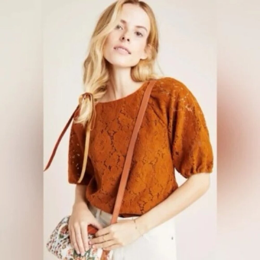 Anthropologie x Dolan Norah Floral Lace Corduroy Blouse XS – Burnt Orange 🍂✨